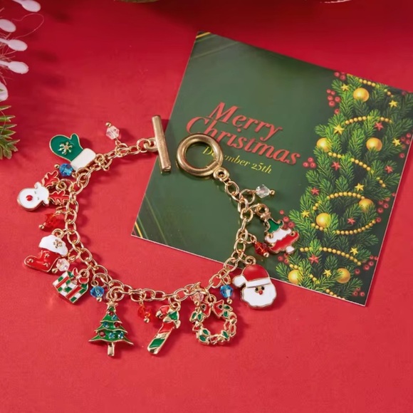 Christmas Charm Bracelet with Santa Tree Gift PendantsFestive Gold Chain Holiday - Picture 6 of 12